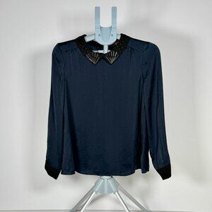 Modcloth Deep Navy Blouse with Beaded Collar Detail